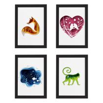 Quadros Animais Paper Moldura Preta 22x32cm Kit 4un
