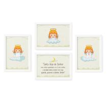 Quadros Anjos Guarda Amarelo Kit 4un Moldura Branca 22x32cm