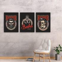 Quadros Barber Shop Skull Moldura Preta 24X18Cm 3 Peças