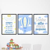 Quadros Bebê Menino Balão Azul Sonhe Alto Quarto Kit 3 Peças