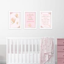 Quadros Borboleta Rosa 3 Peças Com Moldura Quarto Decoração infantil