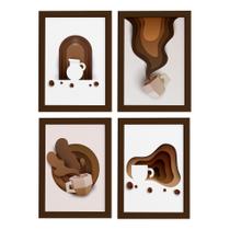 Quadros Café Paper para Cozinha Moldura Marrom 22x32 Kit 4un