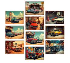 Quadros Carro Antigo Rota 66 Garagem Texas 10 Peças 21x15cm Quadros Carro Antigo Rota 66 Garagem Texas 10 Peças 21x15cm