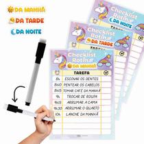 Quadros Check List Rotina Infantil Manhã Tarde Noite Unicórnio com Caneta
