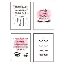 Quadros Cílios Lash Design Salão Branco Kit 4 Peças 20x28cm