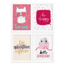 Quadros com Frases Happy Cat Moldura Branca 22x32cm 4un