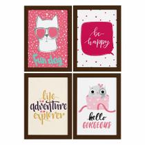 Quadros com Frases Happy Cat Moldura Marrom 33x43cm 4un