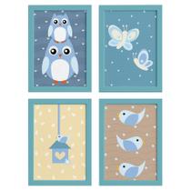 Quadros Coruja Baby Azul Moldura Azul 22x32 4un Quadros Coruja Baby Azul Moldura Azul 22x32 4un