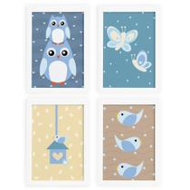 Quadros Coruja Baby Azul Moldura Branca 22x32 4un