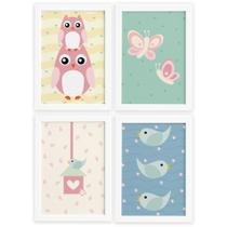 Quadros Corujinha Baby Rosa Moldura Branca 33x43 4un