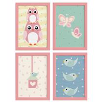 Quadros Corujinha Baby Rosa Moldura Rosa 22x32 4un Quadros Corujinha Baby Rosa Moldura Rosa 22x32 4un