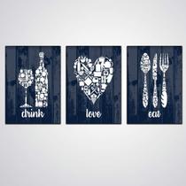 Quadros Cozinha 3 Peças Drink, Love, Eat Decorativa Quadros Cozinha 3 Peças Drink, Love, Eat Decorativa