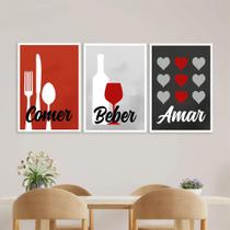 Quadros Cozinha Comer Beber Amar Vermelho Kit 3 Peça 20x28cm