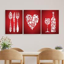 Quadros Cozinha Decoração Vermelho Coração Vinho Kit 3 Peças