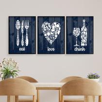 Quadros Cozinha Decorativos Azul Coração Vinho Kit 3 Peças