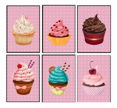 Quadros Cupcakes Confeitaria Bolos Decoração Cozinha 6 Peças