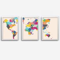 Quadros de Mapas Com moldura branca Conjunto com 3