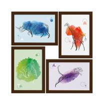 Quadros Decoração Minimalista Animais Safari Moldura Marrom 33x43cm 4un
