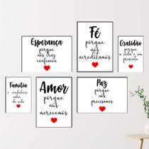 Quadros Decoração Sala Família Amor Gratidão Fé Kit 6 Peças