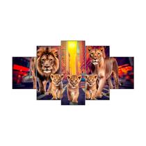 Quadros Decorativo mosaico Leão, Leoa e Filhotes na cidade