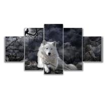 Quadros Decorativo Sala Lobo Branco 5 Peças Noite