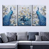 Quadros Decorativos 3 Peças Aves Jarro Flor Azul Quadros Decorativos 3 Peças Aves Jarro Flor Azul