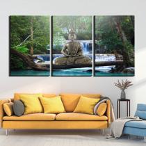 Quadros Decorativos 3 Peças Buda Cachoeira Floresta