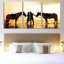 Quadros Decorativos 3 Peças Casal Cavalo Praia Amor