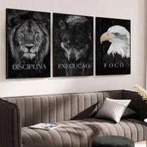 Quadros Decorativos 3 peças Disciplina Execução Foco Leão para parede sala quarto