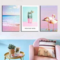 Quadros Decorativos 3 Peças Flamingo Mar Flor Quadros Decorativos 3 Peças Flamingo Mar Flor