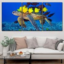 Quadros Decorativos 3 Peças Tartaruga Peixes Fundo Mar