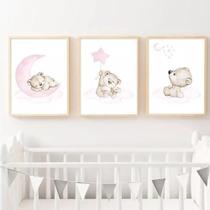 quadros decorativos 4 k Urso Cor-de-rosa Lua Estrela"