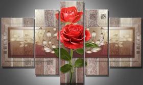 Quadros decorativos 5 peças rosas vermelhas fundo amadeirado - KyMe