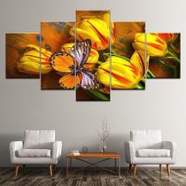 Quadros Decorativos 5 Peças Tulipas Amarelas Borboletas