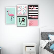 Quadros Decorativos 5pçs Flamingo Love Moldura