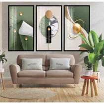 Quadros Decorativos Abstrato Geométrico Gold Green Sala 3 Pç