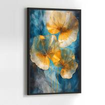 Quadros Decorativos com com Moldura Abstrato Lotus Folhas Dourada Azul Verde Vertical para Sala Quarto Decoração