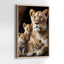 Quadros Decorativos com com Moldura Leoa 3 Filhotes Vertical para Sala Quarto Decoração