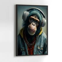 Quadros Decorativos com com Moldura Macaco Rapper Fone Vertical para Sala Quarto Decoração