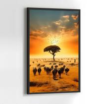 Quadros Decorativos com com Moldura Paisagem Africana Savana Por do Sol Vertical para Sala Quarto Decoração