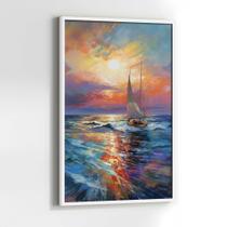 Quadros Decorativos com com Moldura Pintura Mar Por do Sol Barco Vertical Vertical para Sala Quarto Decoração Quadros Decorativos com com Moldura Pintura Mar Por do Sol Barco Vertical Vertical para Sala Quarto Decoração