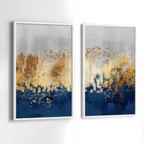 Quadros Decorativos com Moldura Abstrato Azul Dourado Cinza Sala Quarto Kit Conjunto 2