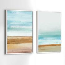 Quadros Decorativos com Moldura Abstrato Praia Azul Marrom Sala Quarto Kit Conjunto 2