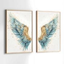Quadros Decorativos com Moldura Asas Azul Dourada Sala Quarto Kit Conjunto 2