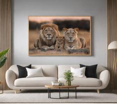 Quadros Decorativos com Moldura Familia Leao Leoa 1 Filhote para Sala Quarto e Escritório Horizontal