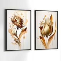 Quadros Decorativos com Moldura Flores Douradas Bege Sala Quarto Kit Conjunto 2