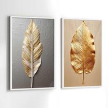 Quadros Decorativos com Moldura Folha Dourada e Prata Abstrato Sala Quarto Kit Conjunto 2