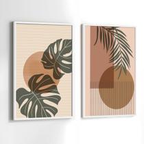 Quadros Decorativos com Moldura Folhas Abstrato Marrom Verde Sala Quarto Kit Conjunto 2