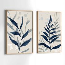 Quadros Decorativos com Moldura Folhas Azul Tons Neutro Sala Quarto Kit Conjunto 2