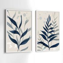 Quadros Decorativos com Moldura Folhas Azul Tons Neutro Sala Quarto Kit Conjunto 2